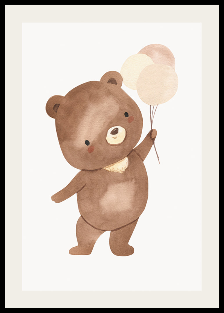 Illustrated brown bear cub with three balloons in beige tones-12
