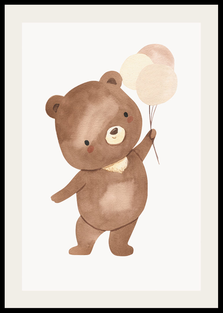 Ilustrēts brūnā lācēna mazulis ar trim baloniem bēšos toņos-12