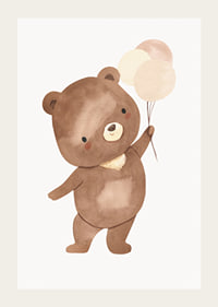 Illustrated brown bear cub with three balloons in beige tones-3