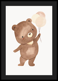 Illustrated brown bear cub with three balloons in beige tones-4