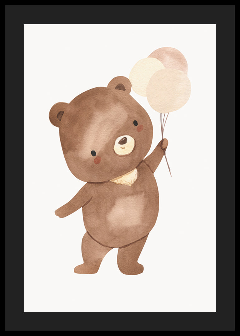 Illustrated brown bear cub with three balloons in beige tones-12