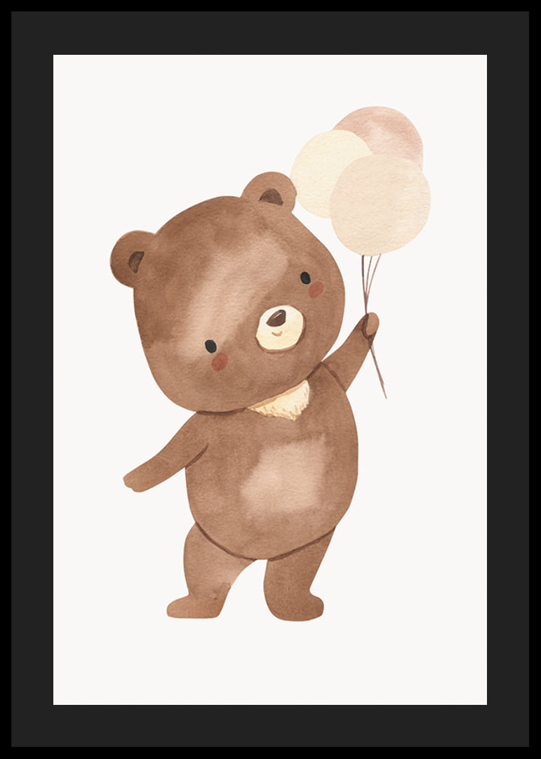 Ilustrēts brūnā lācēna mazulis ar trim baloniem bēšos toņos-12