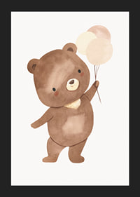 Illustrated brown bear cub with three balloons in beige tones-5