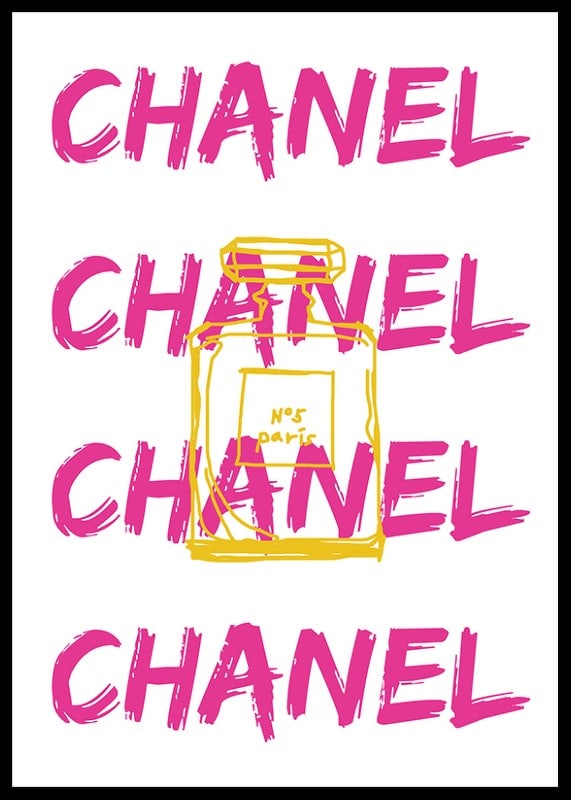 Grafisk text CHANEL i rosa med parfymflaska i gult-12