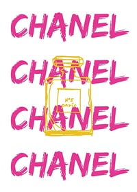 Grafisk text CHANEL i rosa med parfymflaska i gult-7