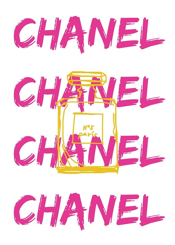 Grafisk text CHANEL i rosa med parfymflaska i gult-12