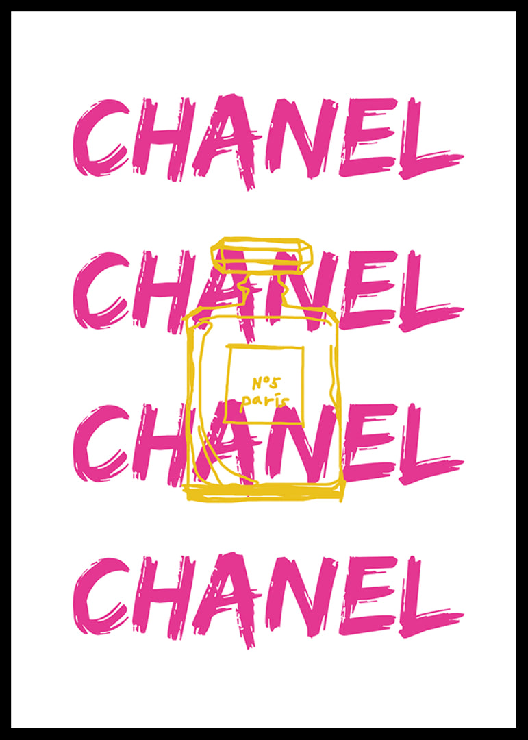 Grafisk text CHANEL i rosa med parfymflaska i gult-12