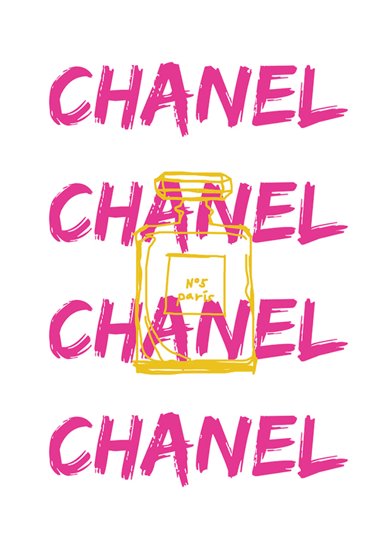 Grafisk text CHANEL i rosa med parfymflaska i gult-12