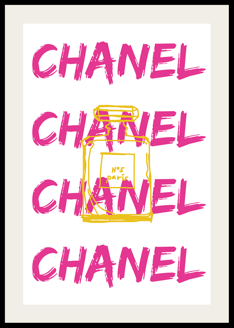 Grafisk text CHANEL i rosa med parfymflaska i gult-12