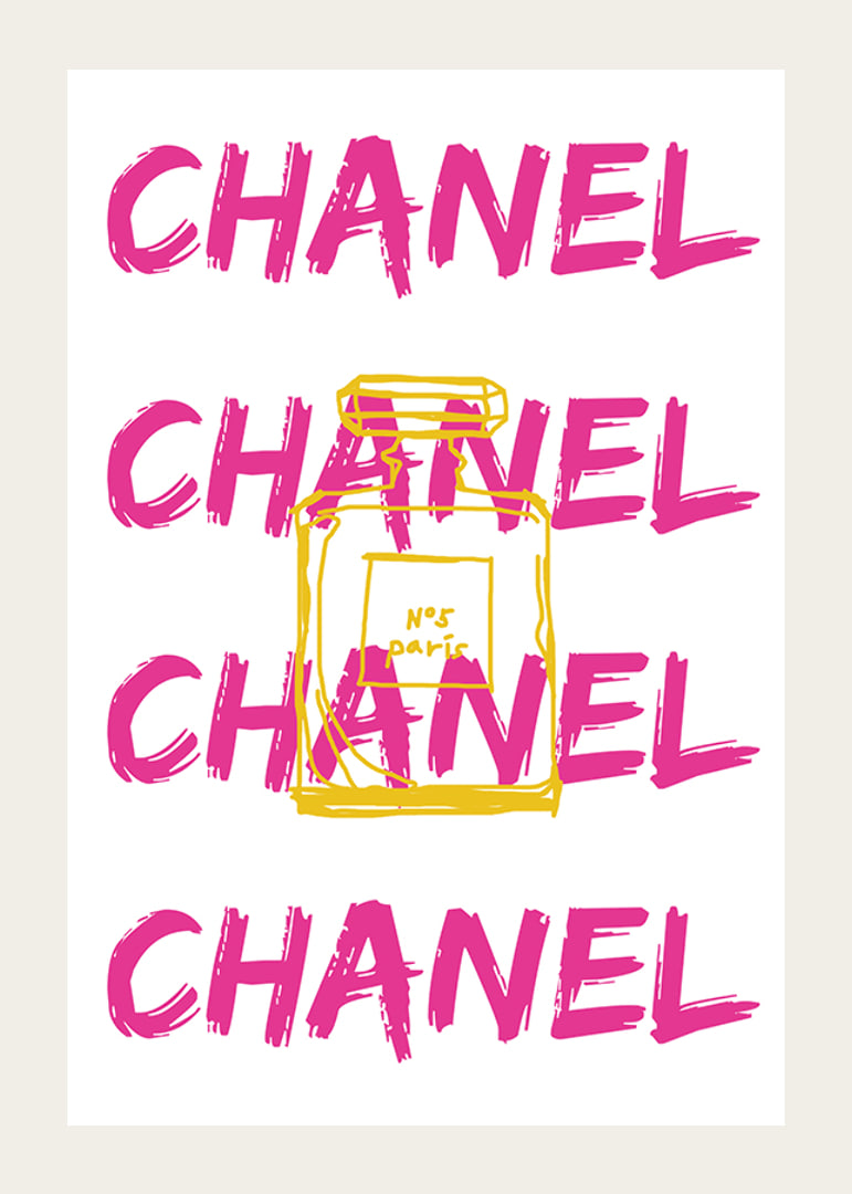 Grafisk text CHANEL i rosa med parfymflaska i gult-12