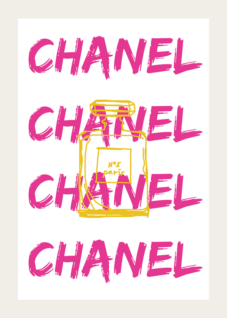 Grafisk text CHANEL i rosa med parfymflaska i gult-12
