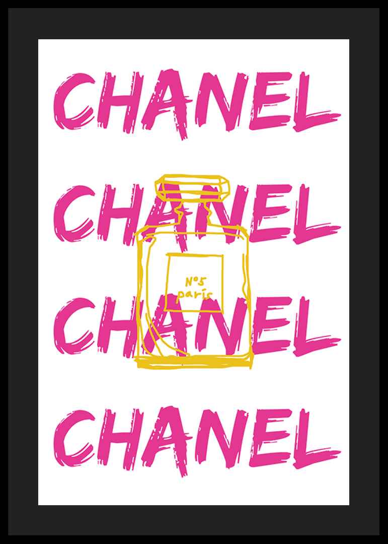 Grafisk text CHANEL i rosa med parfymflaska i gult-12