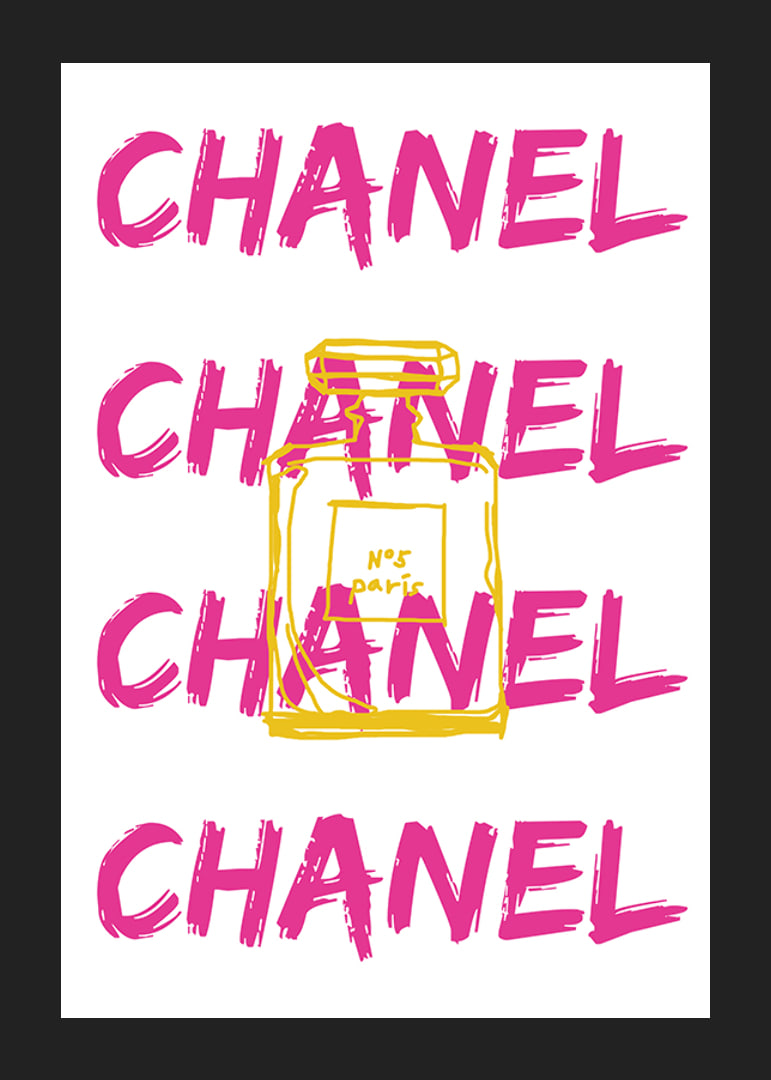 Grafisk text CHANEL i rosa med parfymflaska i gult-12