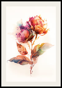 Akwarela przedstawiająca dwa kolorowe kwiaty z zielonymi liśćmi-2