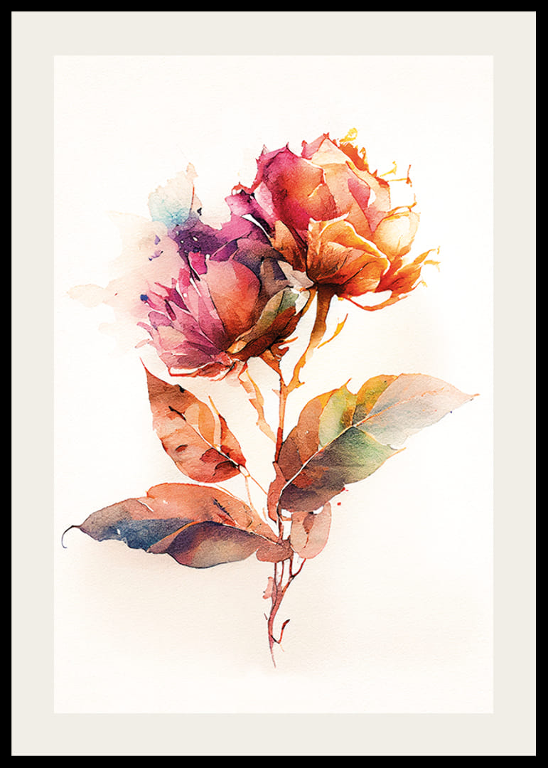 Akwarela przedstawiająca dwa kolorowe kwiaty z zielonymi liśćmi-12