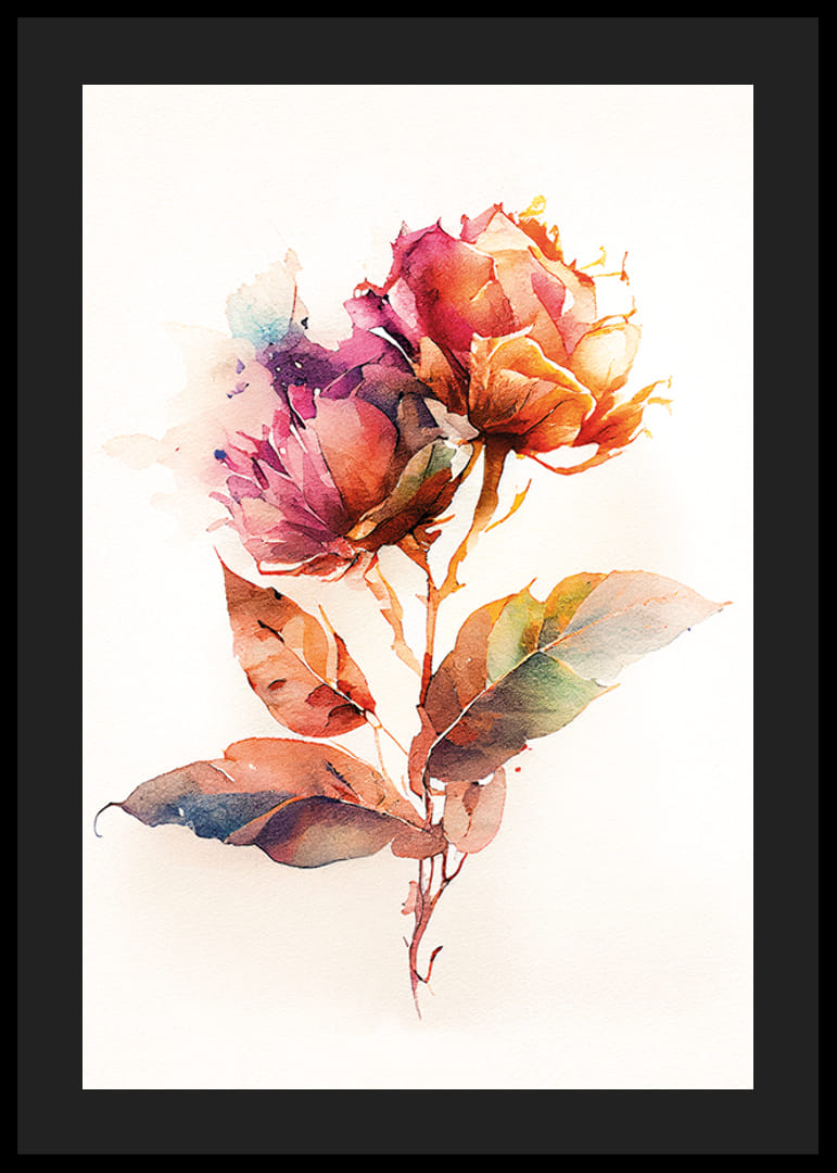 Akwarela przedstawiająca dwa kolorowe kwiaty z zielonymi liśćmi-12