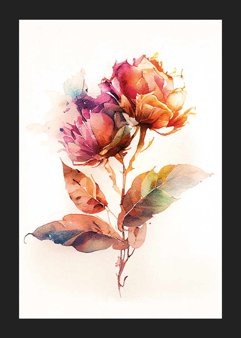 Akwarela przedstawiająca dwa kolorowe kwiaty z zielonymi liśćmi-12