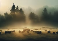 Sheep grazing in morning fog on meadow in front of dark fir trees-7