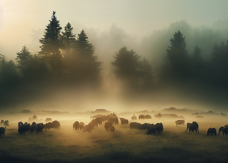 Sheep grazing in morning fog on meadow in front of dark fir trees-12