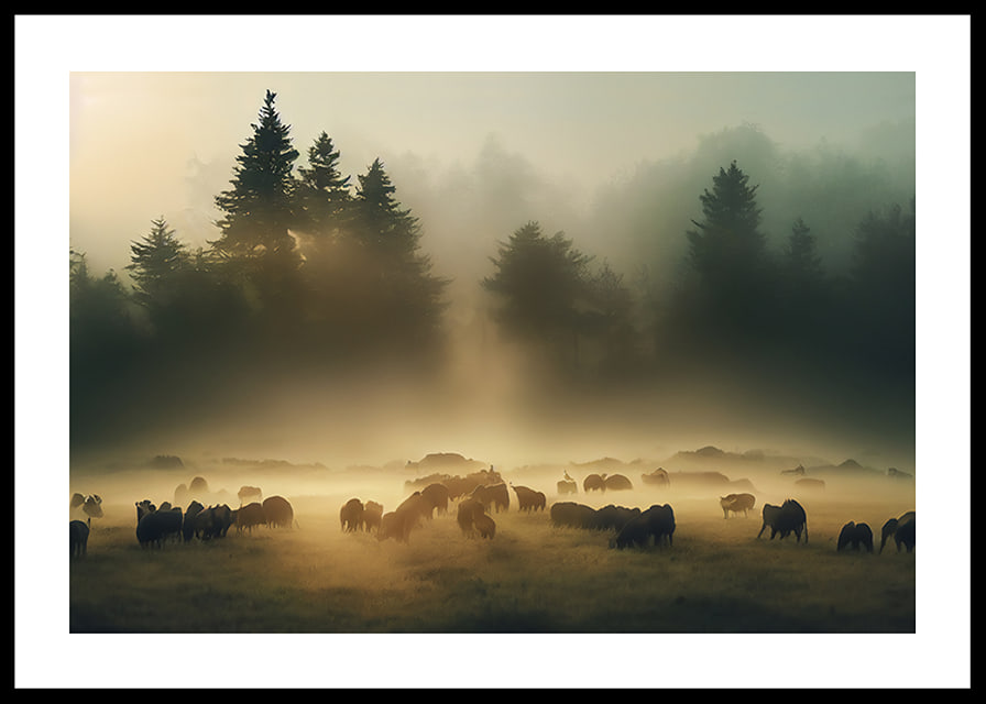 Sheep grazing in morning fog on meadow in front of dark fir trees-12