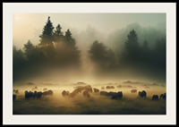 Sheep grazing in morning fog on meadow in front of dark fir trees-2