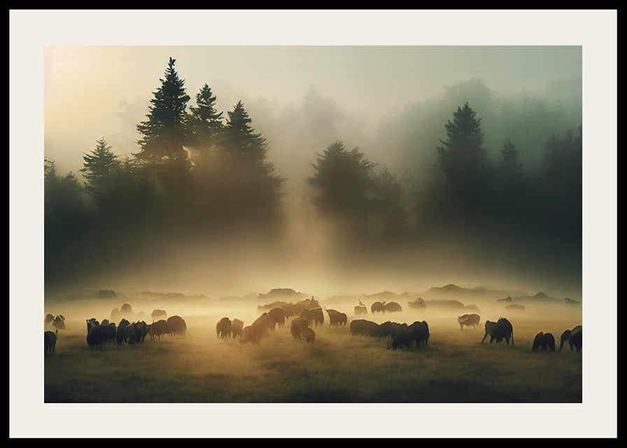 Sheep grazing in morning fog on meadow in front of dark fir trees-12