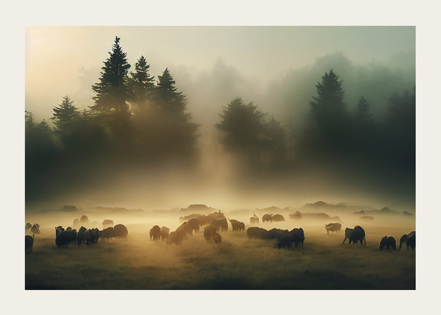 Schapen grazen in de ochtendmist op een weide voor donkere dennenbomen-12