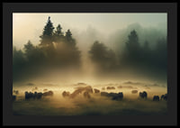 Sheep grazing in morning fog on meadow in front of dark fir trees-4