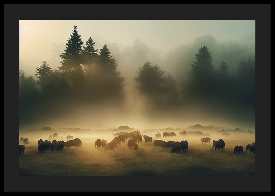 Sheep grazing in morning fog on meadow in front of dark fir trees-12