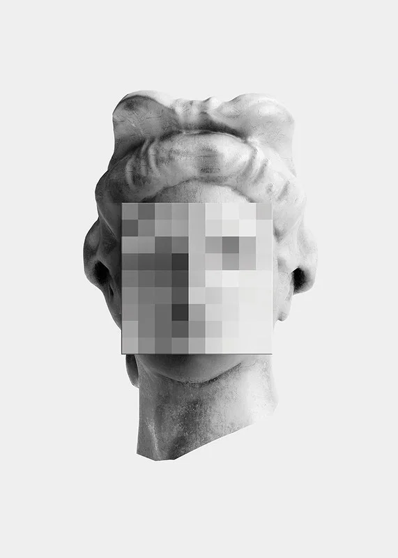 Black and white sculpture of a classic head with a pixelated facial surface-12