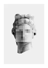 Black and white sculpture of a classic head with a pixelated facial surface-1