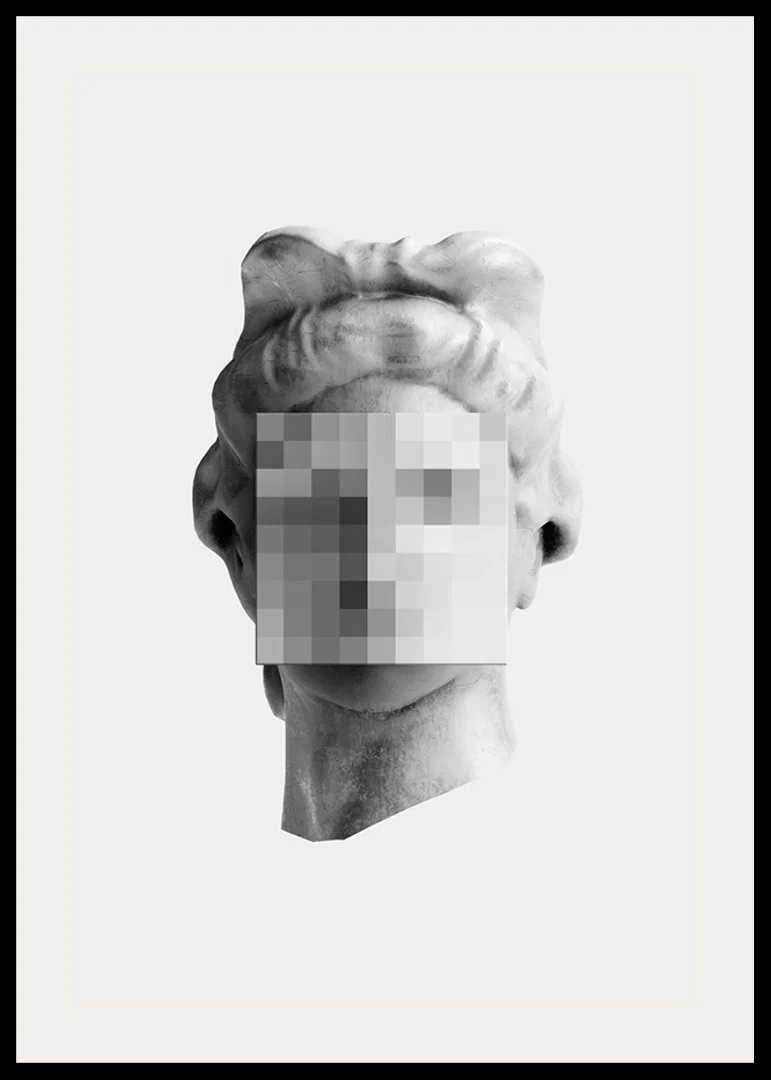 Black and white sculpture of a classic head with a pixelated facial surface-12