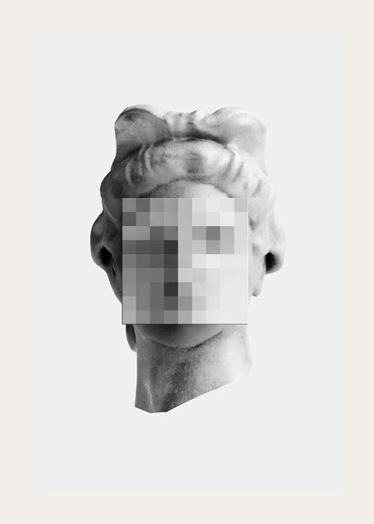 Black and white sculpture of a classic head with a pixelated facial surface-12