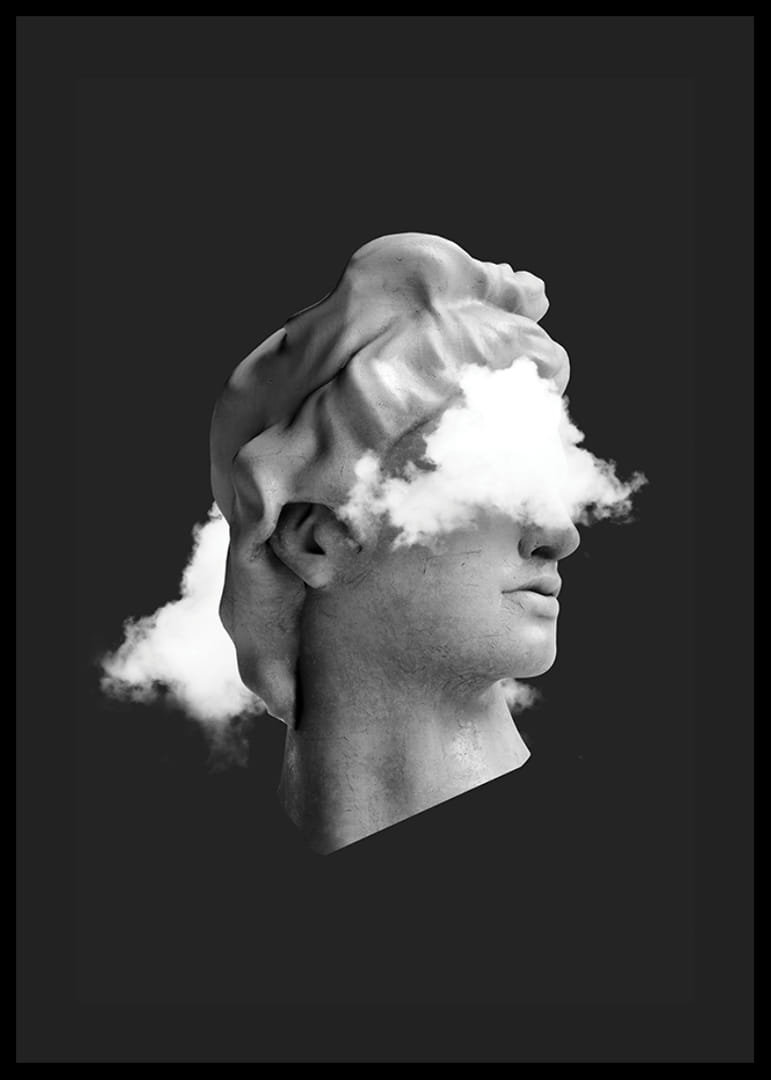 Czarno-biały popiersie z chmurami nad twarzą na ciemnym tle-12