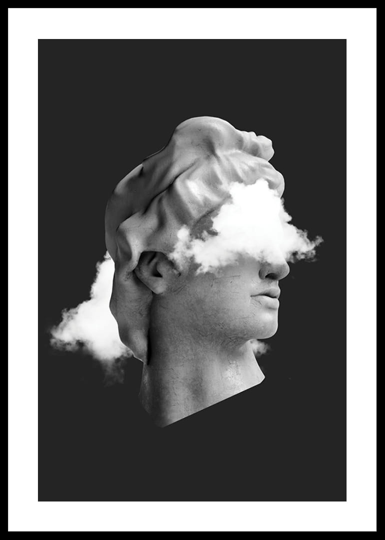 Czarno-biały popiersie z chmurami nad twarzą na ciemnym tle-12