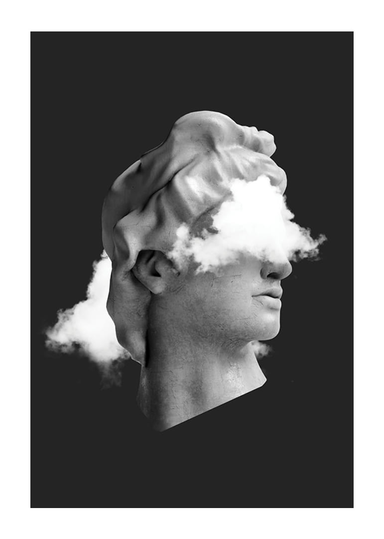 Czarno-biały popiersie z chmurami nad twarzą na ciemnym tle-12