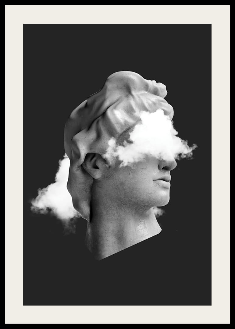 Czarno-biały popiersie z chmurami nad twarzą na ciemnym tle-12