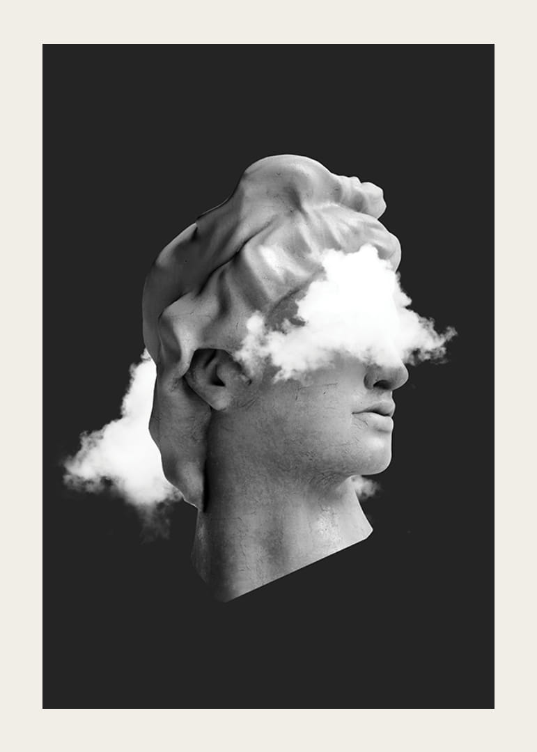 Czarno-biały popiersie z chmurami nad twarzą na ciemnym tle-12