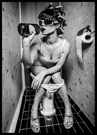 Black and white photo of woman with sunglasses in toilet-6