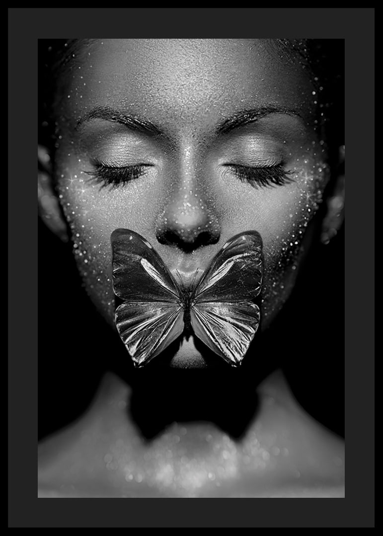 Black and white close-up portrait of woman with butterfly over mouth-12