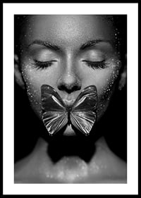 Black and white close-up portrait of woman with butterfly over mouth-2