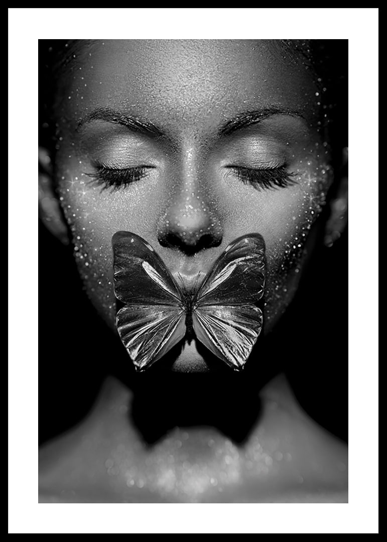 Black and white close-up portrait of woman with butterfly over mouth-12