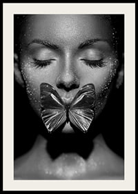Black and white close-up portrait of woman with butterfly over mouth-4