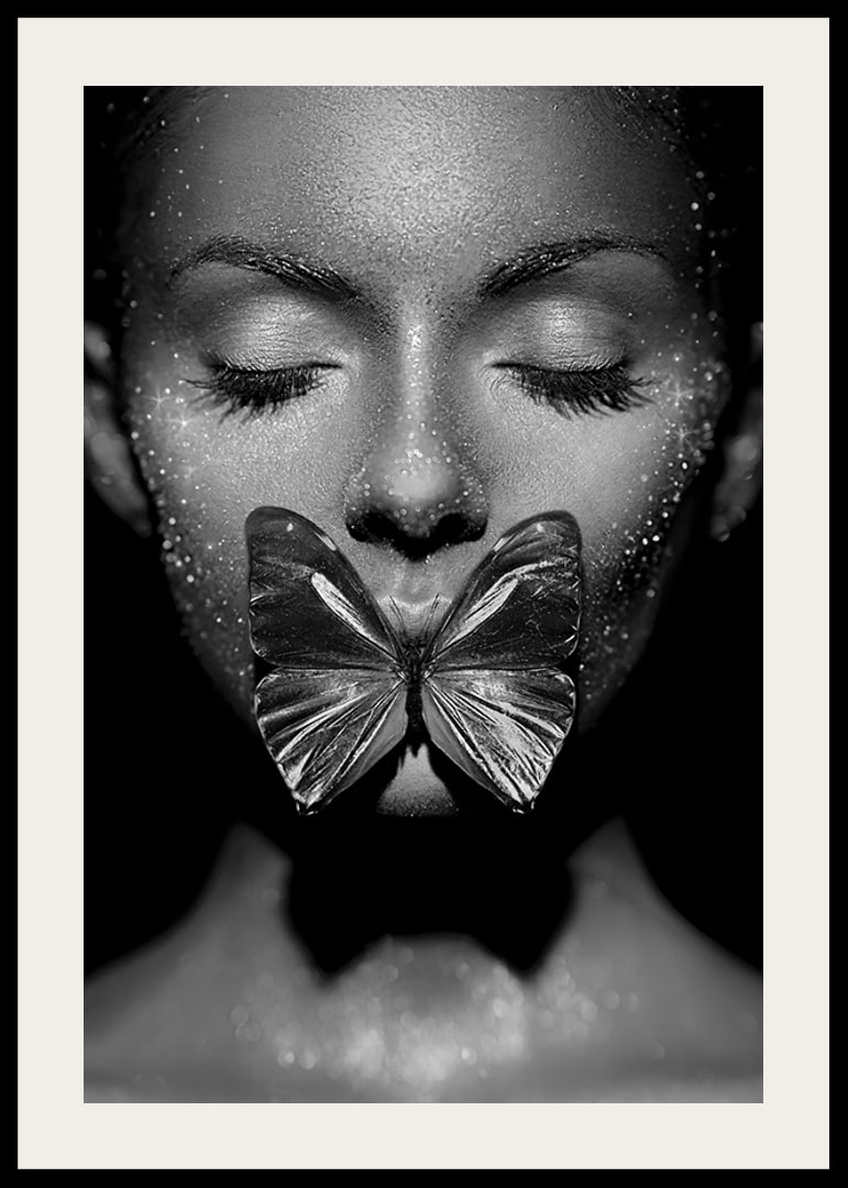 Black and white close-up portrait of woman with butterfly over mouth-12