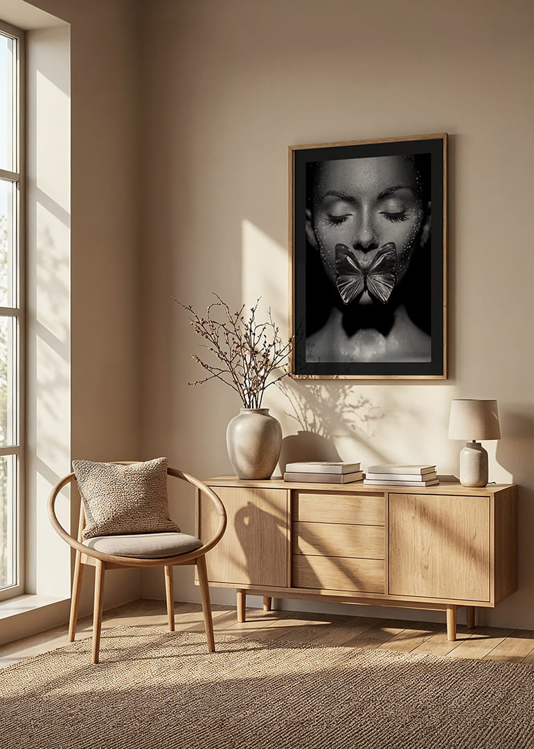 Zwart-wit close-up portret van vrouw met vlinder boven mond-12