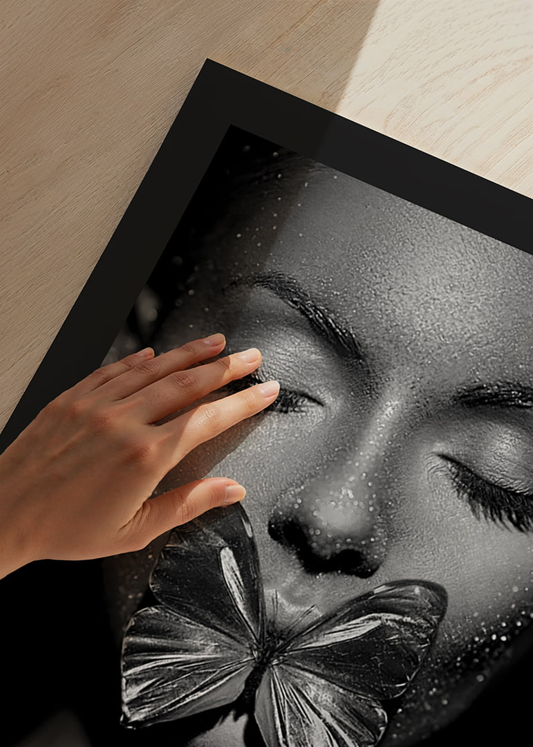 Black and white close-up portrait of woman with butterfly over mouth-12