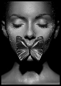 Black and white close-up portrait of woman with butterfly over mouth-6