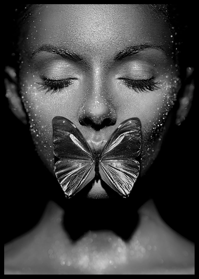 Black and white close-up portrait of woman with butterfly over mouth-12