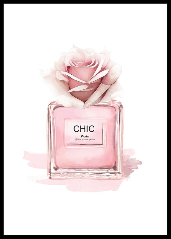 Watercolor illustration of pink perfume bottle with rose-12