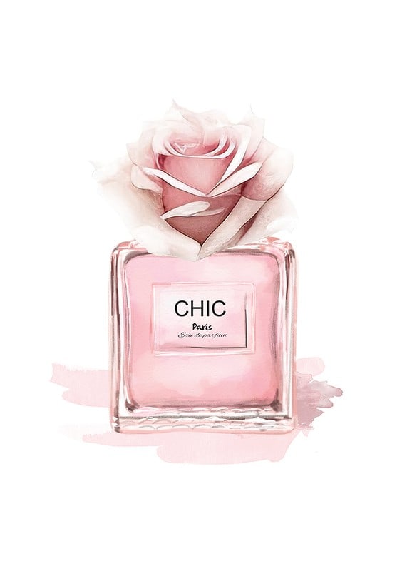 Watercolor illustration of pink perfume bottle with rose-12